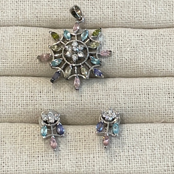 Multi colour stone pendant and earring set - Picture 1 of 6